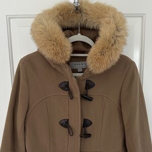 Marc New York Camel Toggle Pea Coat with Fur-Trim Hood